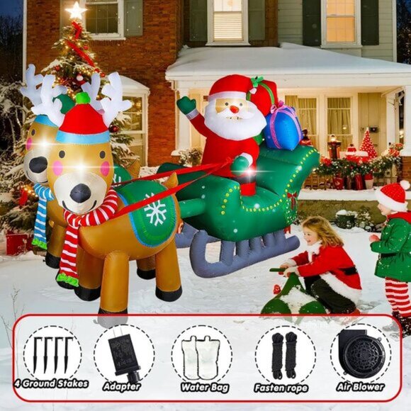 ⚡6.7FT Christmas Inflatables Santa Sleigh with Two Reindeer Outdoor Decorations - Picture 3 of 7
